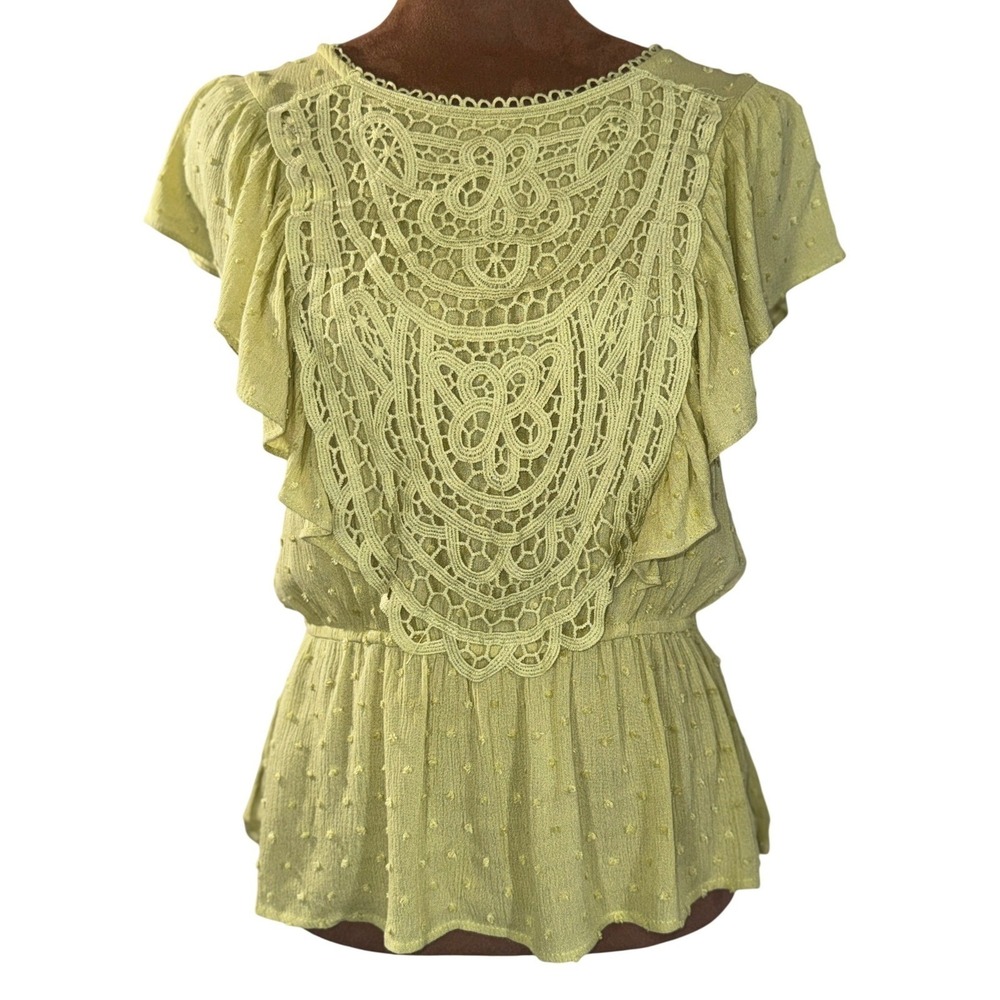 Promesa Top Med Lime Green Swiss Dot Flutter Sleeve NWT Feminine Blouse Top Lace